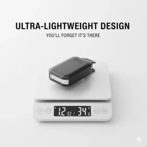 An ultra-lightweight and portable hat light being measured on a digital scale to show its small size.