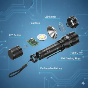 Internal diagram showing the LED chip and heat sink of a small high powered flashlight.