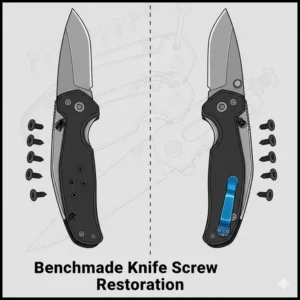 Before and after comparison of a knife repaired with benchmade replacement screws.