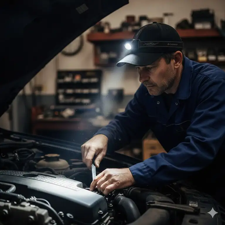 A mechanic working in a dark garage using the best clip on hat light for hands-free visibility.