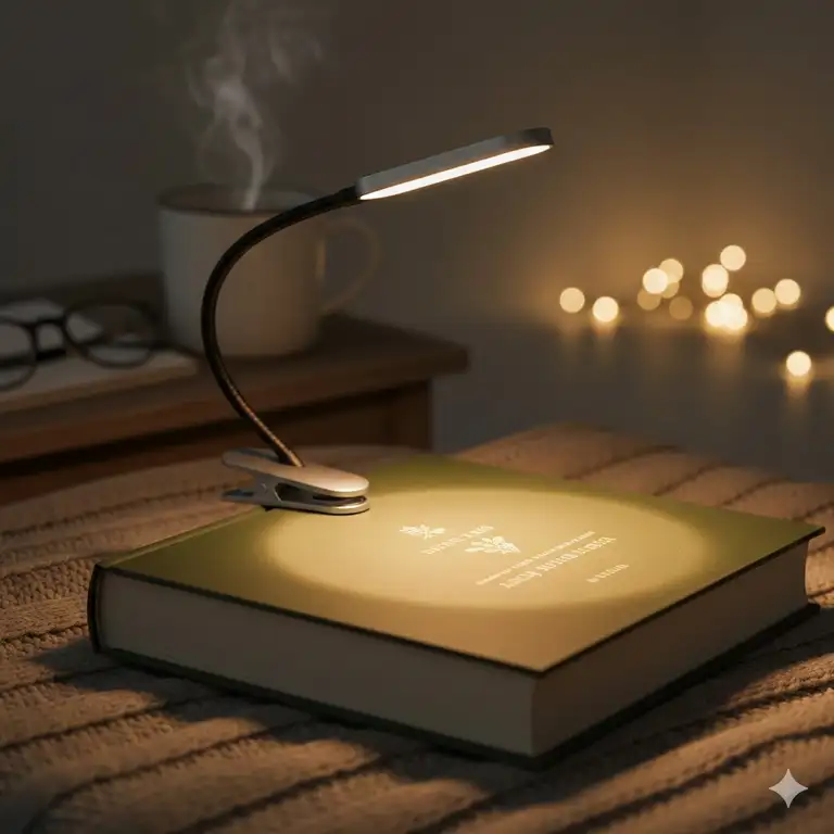 A cozy bedside setting featuring the best rechargeable led clip light attached to a book.