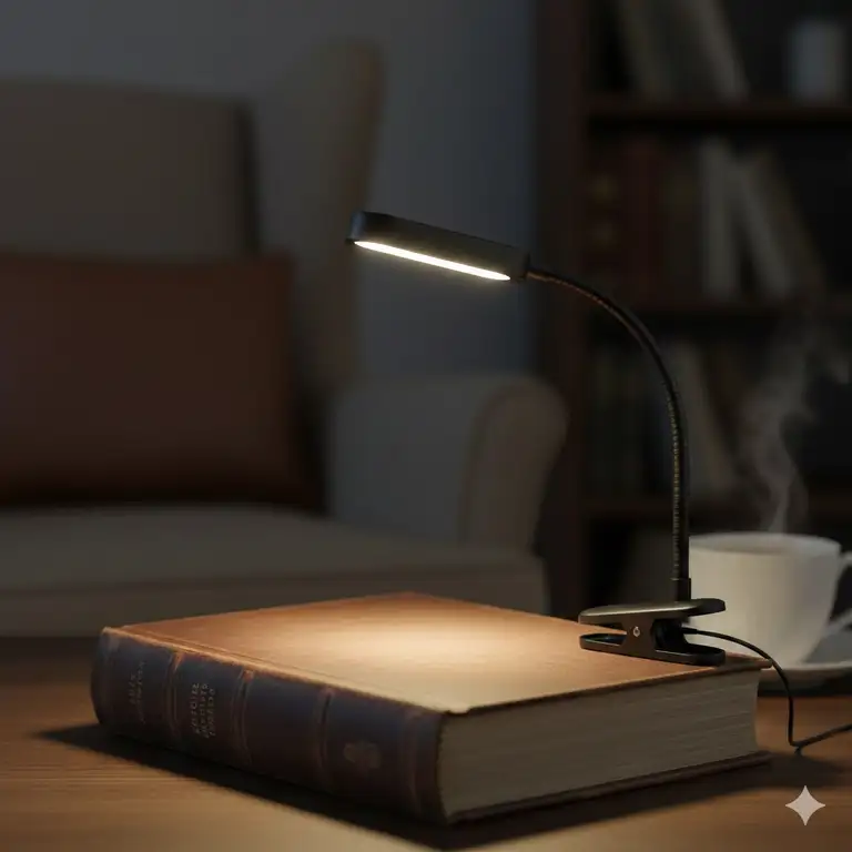 A professional mini clip on light attached to a hardcover book with a warm LED glow.