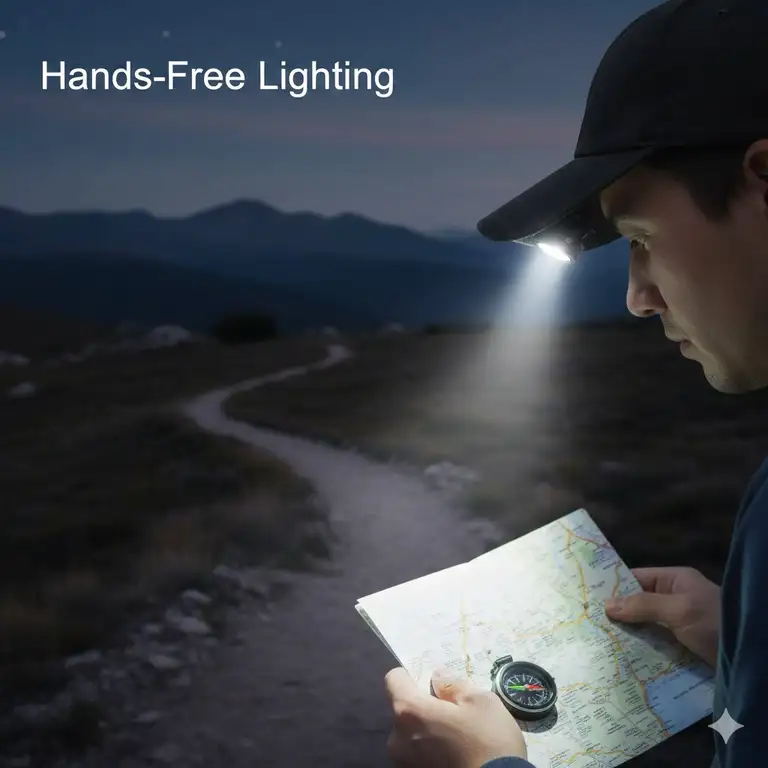 A high-brightness LED hat brim light clipped onto a baseball cap for hands-free illumination during outdoor activities.