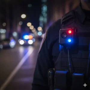 Compact police vest light with red and blue emergency strobe patterns for law enforcement officers.
