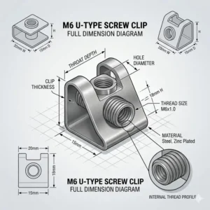 Technical diagram showing the specific height and width dimensions of a standard U-type screw clip.
