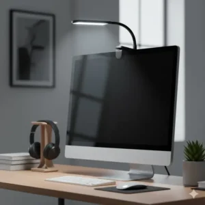 Adjustable led clip lamp attached to a computer monitor for office workspace lighting.