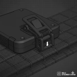 Close-up illustration of a tactical vest light featuring a secure MOLLE clip attachment system.