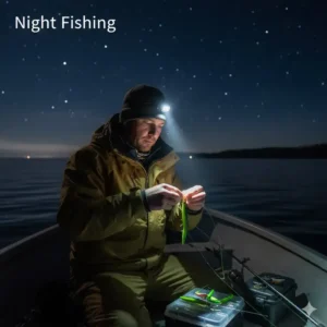 An angler wearing a hat brim light while rigging a fishing lure at night on a boat