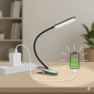 A close-up showing the rechargeable led clip light charging via a USB cable with a full battery icon.