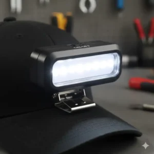 Close-up view of a lightweight hat bill light showing the sturdy clip mechanism and LED bulbs.