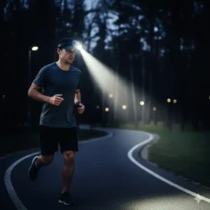 Man jogging on a trail at night wearing the best clip on hat light to illuminate the path.