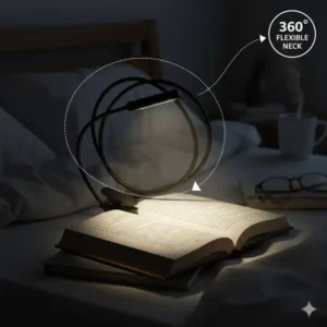 Illustration showing the 360-degree adjustable gooseneck of a mini clip on light.