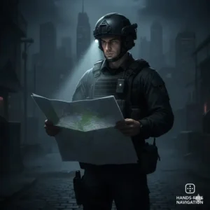 A first responder using a hands-free tactical vest light for map reading in low-light conditions.