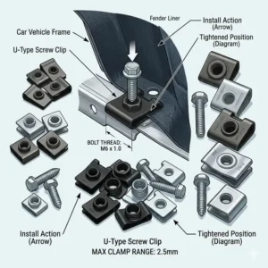 Illustration showing how to use a screw clip to secure a car fender liner to the vehicle frame.