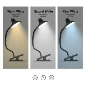 Illustration showing an led clip light with three color modes: warm, natural, and cool white.
