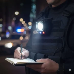 Police vest light featuring a powerful white LED flood beam for document inspection and nighttime patrols.