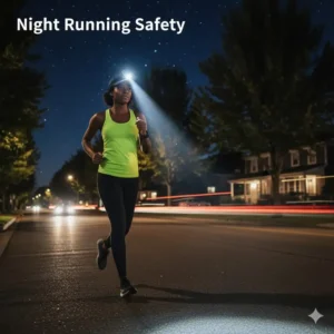 A rechargeable hat brim light providing safety visibility for a runner on a dark suburban street.