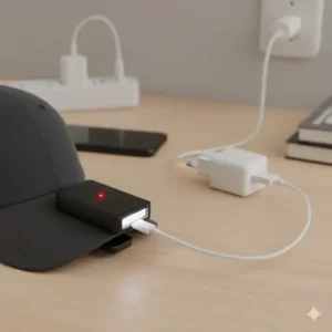 A rechargeable hat bill light plugged into a USB cable showing the charging indicator light.