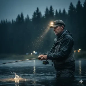Professional fisherman using the best clip on hat light in rainy conditions for better focus.