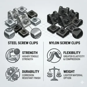 Comparison chart highlighting the durability differences between a steel screw clip and a nylon version.