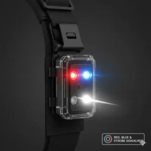A tactical vest light displaying multiple color modes including red, blue, and white strobe for signaling.