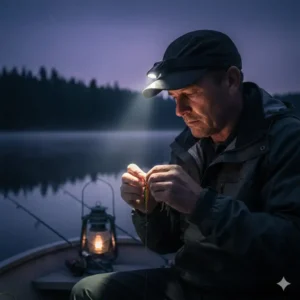 An angler using a waterproof hat bill light to tie a lure during a night fishing trip.