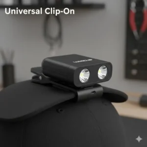 Close-up view of the universal clip mechanism of a hat brim light attached to a standard cap visor.