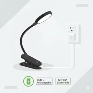 A portable led clip light with a USB charging cable and battery indicator.