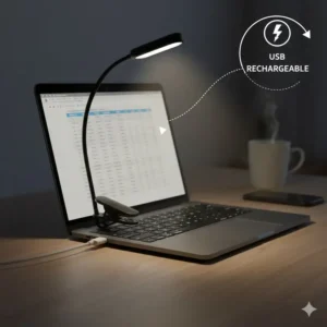 A mini clip on light plugged into a laptop for USB charging.