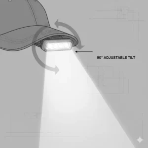 Illustration showing the 90-degree tilting head feature of a modern hat bill light for precise beam positioning.
