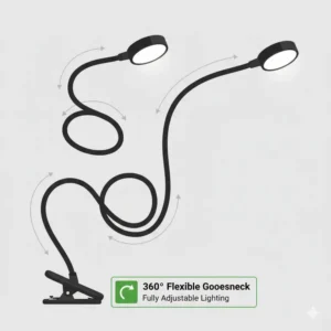 Close-up illustration of a 360-degree flexible gooseneck on a black led clip light.