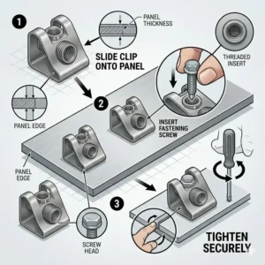 A three-step visual guide on how to slide and tighten a screw clip onto a metal panel.
