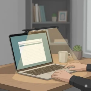 A modern workspace showing a rechargeable led clip light used as a portable desk lamp on a laptop.