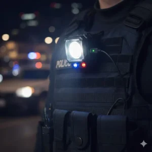 USB rechargeable police vest light showing the charging port and long-lasting battery indicator.