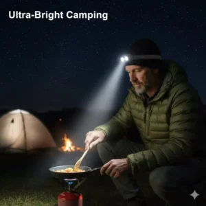 A camper using an ultra-bright hat brim light to cook a meal at a dark campsite.