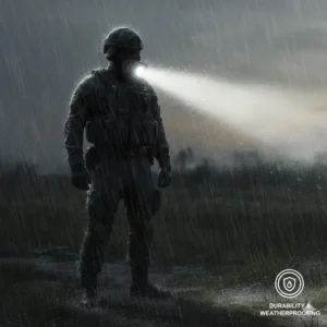 A rugged, waterproof tactical vest light being used during heavy rain in a field environment.