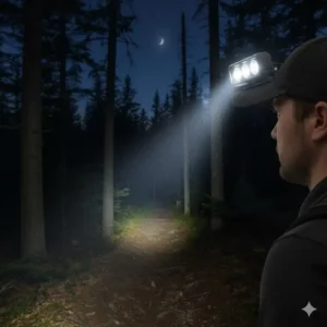 High brightness beam from the best clip on hat light lighting up a forest trail at night.