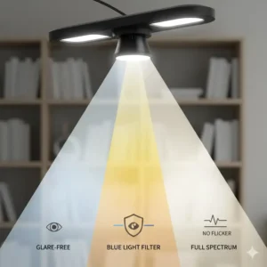 Graphic explaining the flicker-free and eye-protection technology of the rechargeable led clip light.