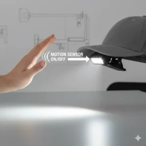 A hand waving in front of a hat bill light to demonstrate the touchless motion sensor on/off feature.
