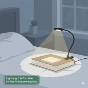 Lightweight led clip book light attached to a hardcover book for nighttime reading.