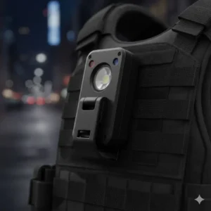Close-up of a secure 360-degree rotating clip on a police vest light attached to MOLLE webbing.
