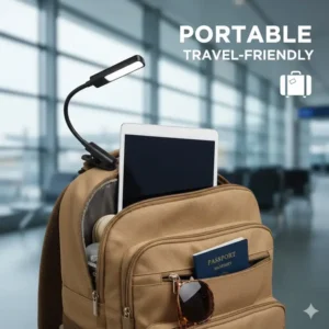 A lightweight mini clip on light tucked into a travel bag next to a tablet.