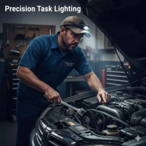 A professional mechanic using a hat brim light to illuminate an engine bay during a repair.