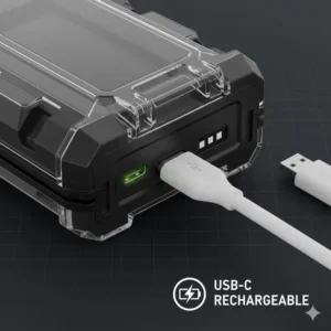 Illustration showing the USB-C charging port and battery indicator on a modern tactical vest light.