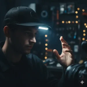 A worker activating the motion sensor feature on the best clip on hat light with a hand gesture.