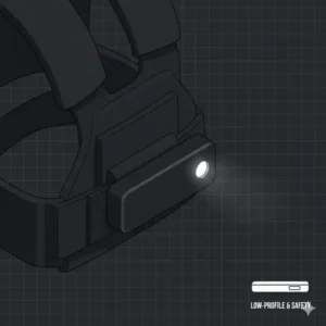 Side view of a slim, low-profile tactical vest light designed to prevent snagging on equipment.