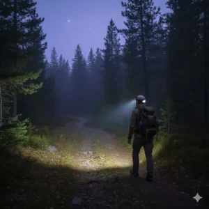 A hiker wearing a hat bill light on a trail at dusk, providing a wide beam path for safety.