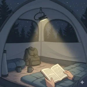 Nighttime camping scene with a rechargeable led clip light providing hands-free illumination inside a tent.