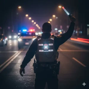 Illustration of a police vest light used during nighttime traffic control to increase officer safety.