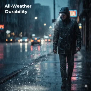 A waterproof LED hat brim light being used in rainy weather conditions for maximum durability.